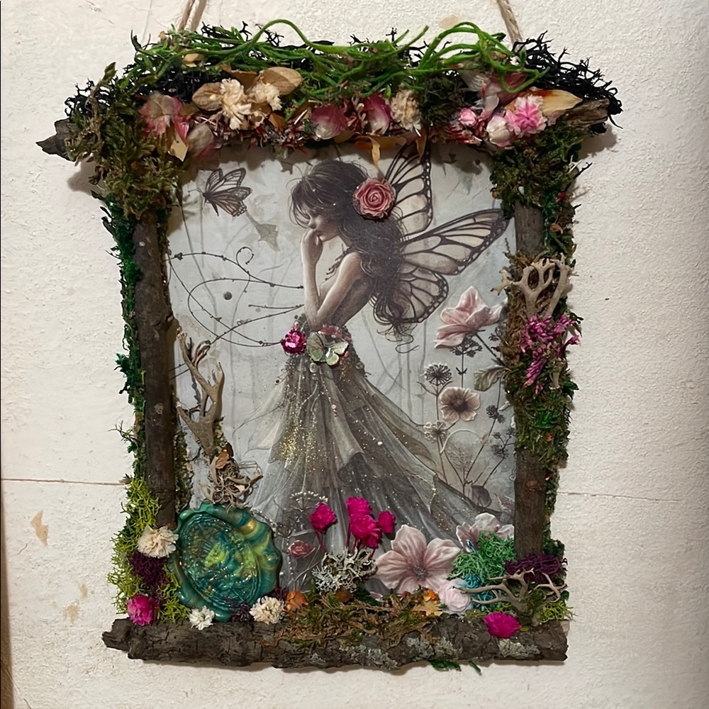 Fairy Wall Art with moss and Floral Accents handcrafted border dried flowers